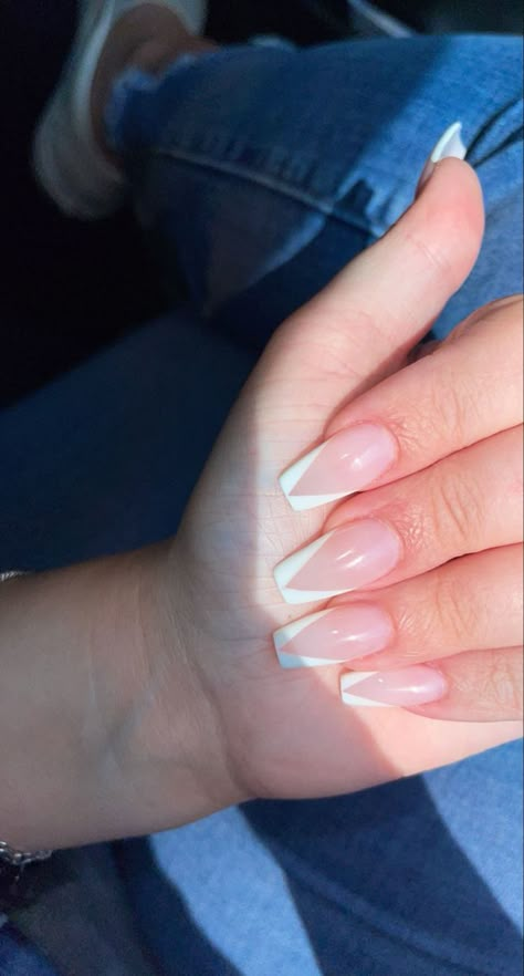 V Shaped Acrylic Nails, Graduation Nails Coffin Short, Angle French Nails, Chevron French Tip Nails Coffin, Square V French Tip Acrylic Nails, Almond Nails V French Tip, French Yup Nails, Angled Tip Nails, V Tip Short Nails