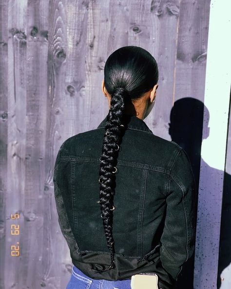 Braided Ponytail With Accessories, Low Braided Ponytail Hairstyles, Single Braid Ponytail, Slick Braided Ponytail, Low Ponytail Braid, Slick Back Braided Ponytail, One Braid Ponytail, Slick Back Braided Ponytail Weave, Braided Low Ponytail