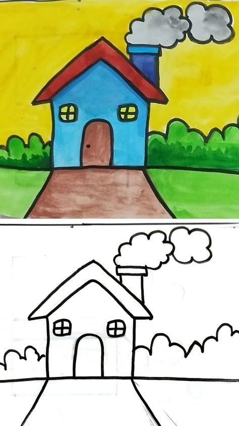 Simple House Drawing, House Drawing For Kids, Easy Cartoon, Drawing Kids, Moral Stories For Kids, Easy Cartoon Drawings, Happy Birthday Frame, Kindergarten Learning Activities, Cool Pencil Drawings