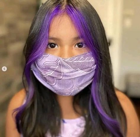 Purple Face Frame Hair, Purple Hair Front Strands, Face Frame Colored Hair, Front Hair Color Streak, Front Two Pieces Of Hair Dyed Purple, Purple Moneypiece, Purple Hair Front Pieces, Temporary Hair Dye For Kids, Black Hair With Purple Front Pieces