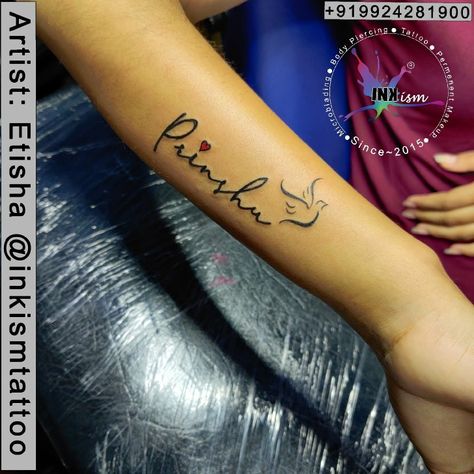 Name With 🐦 Bird Tattoo Visit Inkism #rajkot For Professional, Painless And Hygienic Service Of #Microblading (#permanentmakeup), #Piercing, #Tattoo, #dreadlocks #Braidlocks. By Certified Artist @inkismtattoo @artistetisha @artistkhevna #etishapatel #inkismtattoo #pierced #tattoorajkot #tattooed #eyebrowtattoo #colourtattoo #etishaladola #tattoos #ink #inked #art #tattooartist #tattoosinindia #tattooart #tattoolife #artist #blackwork #tattooist #blackandgreytattoo #tattoodesign #traditionalta Name With Birds Tattoo, Name Tattoo Designs, Bird Tattoo, Eyebrow Tattoo, Name Tattoo, Name Tattoos, Birds Tattoo, Piercing Tattoo, Meaningful Tattoos