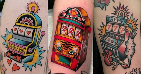 Slot Machine Tattoos. Press your luck with these one-armed bandit tattoos! Casino Machine Tattoo, 777 Traditional Tattoo, Bingo Tattoos, Traditional Tattoo For Son, Lottery Tattoo, 777 Slot Machine Tattoo, Slot Machine Drawing, Jackpot Tattoo, Bandit Tattoo