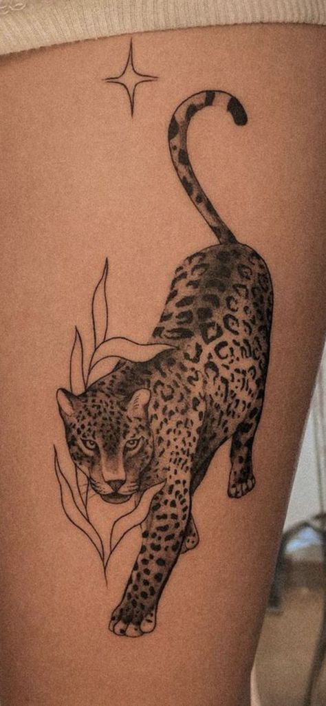 190+ Coolest Jaguar Tattoo Ideas (2023) - TattoosBoyGirl Leopard Tattoo Leg, Leopard Tattoo On Leg, Red Jaguar Tattoo, Cheetah Tattoo For Women On Thigh, Leopard Tattoos For Women, Jersey Cow Tattoo, Leopard Tattoo For Women, Small Cheetah Tattoo, Geometric Jaguar Tattoo