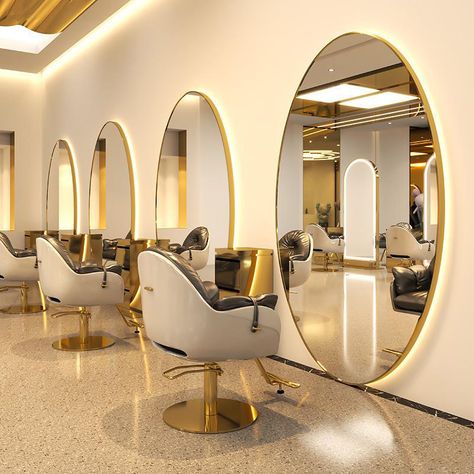 Salon Mirror Ideas, Hair Salon Mirror, Salon Mirror, Hair Salon Furniture, Backlit Bathroom Mirror, Salon Styling Stations, Hair Stations, Beauty Room Salon, Salon Mirrors