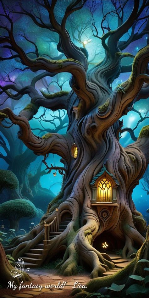 Imaginarium Aesthetic, Tree House Drawing, Playroom Mural, 숲 사진, Alice In Wonderland Drawings, Forest Drawing, Cool Tree Houses, Magical Tree, Tree Of Life Art