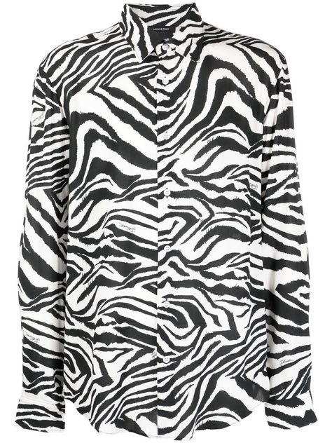 zebra-print button-up shirt from JUST CAVALLI featuring black/white, zebra print, spread collar, front button fastening, long sleeves, buttoned cuffs and curved hem. Zebra Shirt, Curved Hem Shirt, Versace Shorts, Printed Shirts Men, White Zebra, Designer Shirts, Bowling Shirts, Just Cavalli, Zebra Print