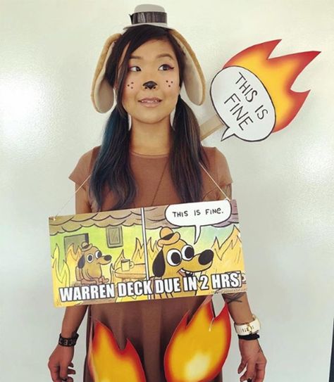 Dressing Up As Any of These 18 Spot-On Meme Halloween Costumes Will Have You Going Viral Funny Characters Costumes, Funny Meme Costumes, This Is Fine Dog Costume, Halloween Costume Ideas For Work Office, This Is Fine Costume, Halloween Costumes Office Appropriate, Do It Yourself Halloween Costumes, Diy Funny Halloween Costumes, Funny Halloween Costumes Women