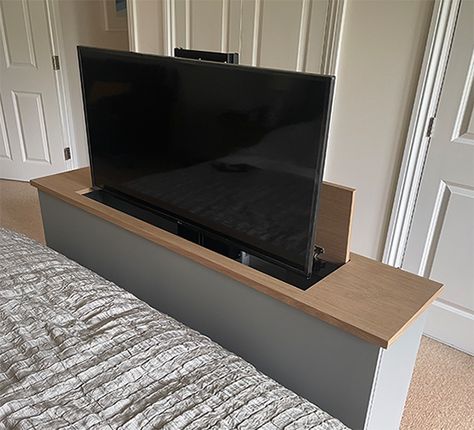 Automated End bed TV lift cabinet with oak top Metal Frame Tv Unit, Tv Stand At End Of Bed, Tv At End Of Bed Ideas, End Of Bed Tv Stand, End Of Bed Tv Lift Cabinet, Tv At End Of Bed, Tv In Master Room, Tv At Foot Of Bed, Tv Lift Cabinet Diy