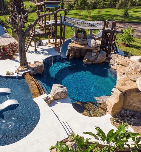 Pool With Slides Ideas, Dream Backyard Pool With Slide, Outdoor Pool With Slide, Fun Pool Designs, Pool Grotto With Slide, Houses With Pools In The Backyard, Pool With A Slide, Cute Pool Ideas, Pool With Grotto And Slide