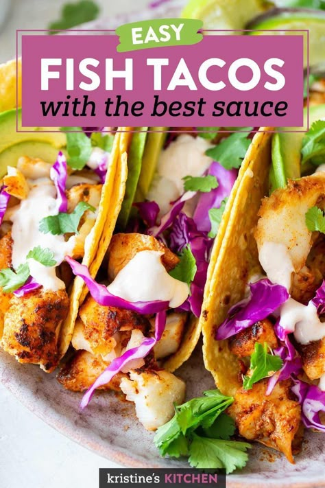 These Fish Tacos are easy to make and so flavorful! With seasoned fish, cabbage slaw, avocado and the best fish taco sauce! The best homemade fish taco recipe! #fishtacos #tacos #fishrecipes Easy Fish Taco Recipe, Best Fish Taco Recipe, Fish Tacos With Cabbage, Fish Taco Recipe, Fish Taco Sauce, Easy Fish Tacos, Lobster Dishes, Fish Dinner Recipes, Fish Tacos Recipe