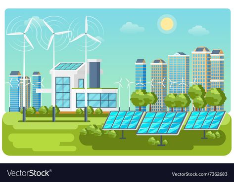 Vector Landscape Illustration, Green Energy Drink, Building Green, Vector Landscape, Landscape Vector, Renewable Energy Projects, Eco City, City Vector, Solar Energy Panels