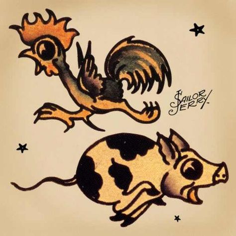 Pig And Rooster Sailor Jerry T is listed (or ranked) 17 on the list Sailor Jerry Tattoo Ideas Sailors Tattoo, Kewpie Tattoo, Swallow Tattoo Design, Sailor Jerry Flash, Sailor Jerry Tattoo Flash, Navy Tattoos, Chicken Tattoo, Rooster Tattoo, Pig Tattoo