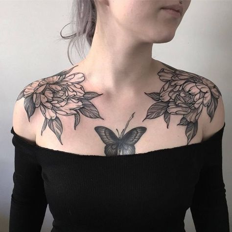 #tattoo Rose Chest Tattoo, Shoulder Cap Tattoo, Butterfly Tattoos For Women, Muster Tattoos, Cool Chest Tattoos, Pieces Tattoo, Chest Tattoos, Chest Tattoos For Women, Chest Piece Tattoos