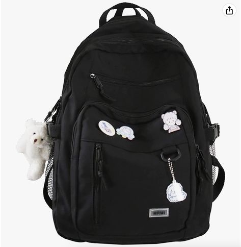 GOESG Aesthetic Kawaii Backpack, Cute Preppy Backpack Canvas Korean Women Backpack Backpack With Pins, Black School Bags, Backpack For School, Aesthetic Backpack, Back To School Backpacks, Book Bags, Backpack For Teens, Medium Backpack, Girls School