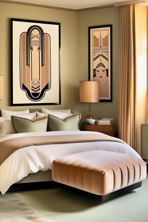 Transform your bedroom into a stylish sanctuary with Art Deco vibes! ✨ Discover the magic of geometric patterns, luxurious metallics, and sleek furniture. Elevate your space with a touch of glamour and timeless elegance. 💖 Dive into the world of Art Deco bedroom decorations and turn your dreams into reality. 🛏️✨ #ArtDecoDecor #BedroomInspiration #HomeStyle Art Deco Interior Bedroom, Art Deco Bedding, Bedroom Eclectic, Turn Your Dreams Into Reality, Green Art Deco, Art Deco Bedroom, Art Deco Interior Design, Deco Bedroom, Bedroom Decorations