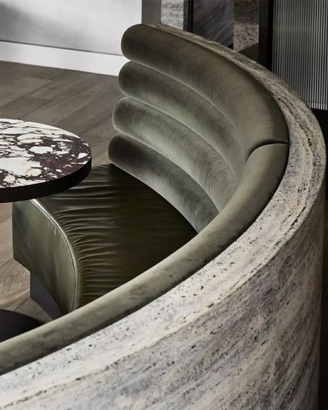 Instyle | Textiles, Leathers + Wall Finishes on Instagram: "Carefully considered sculptural details. Laurent Kew by @designbygolden boasts the most elegant palette, with Studio leather featured on custom curved banquettes.  ​ ​Photography: @sharyncairns ​Fitout: @elite_shopfitting_australia" Curved Banquette Seating, Restaurant Banquette, Cafe Bench, Curved Banquette, Adam Hunter, Leather Banquette, Upholstered Banquette, Joinery Details, Booth Seating