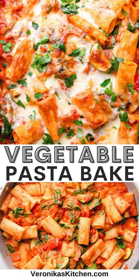 Baked pasta with zucchini and spinach, topped with melted cheese. Blush Sauce, Veggie Pasta Recipes, Vegetable Pasta Recipes, White Pasta Sauce Recipe, Vegetable Pasta Bake, Zucchini Pasta Recipes, Pasta Bake Recipe, Roasted Vegetable Pasta, Pasta With Alfredo Sauce