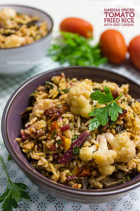 harissa spiced tomato fried rice with beetroot greens Tomato Fried Rice Recipe, Beetroot Greens, Fancy Rice, Rice With Lentils, Vegan Fried Rice, Eat Green, Cooking Recipes In Urdu, Grain Recipes, Tomato Rice