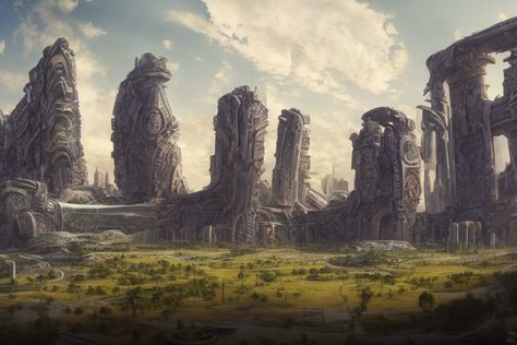 Cyclopean alien ruins | Deep Dream Generator Alien Ruins, Overgrown City, Veil Inspiration, City Ruins, Vast Landscape, Monumental Architecture, Ruined City, Alien Planet, Alien Worlds