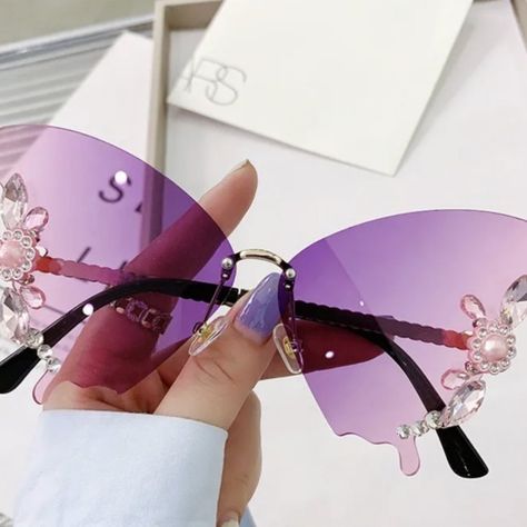 Embellished Tinted Purple Sunglasses Hanging Tassels, Novelty Sunglasses, Purple Sunglasses, Rhinestone Sunglasses, Diamond Butterfly, Cute Glasses, Summer Sunglasses, Butterfly Sunglasses, Rimless Sunglasses