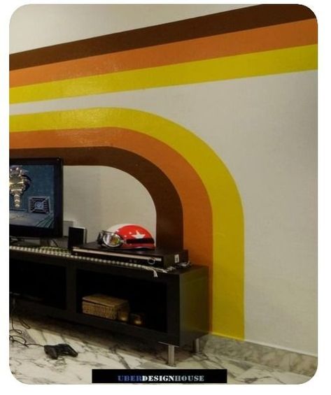 70s Stripe Wall, Spaceage Design, 70s Interior Design Retro, 80’s Bedroom, 70s Wall Mural, 70’s House, 70s Bedroom, 70s Room, Front Room Decor