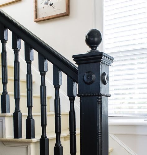 Dark Spindles Staircase, Black Painted Stair Railing, Black Staircases, Colonial Staircase, Black Banister, Black Painted Stairs, Painted Banister, Painted Stair Railings, Railing Makeover