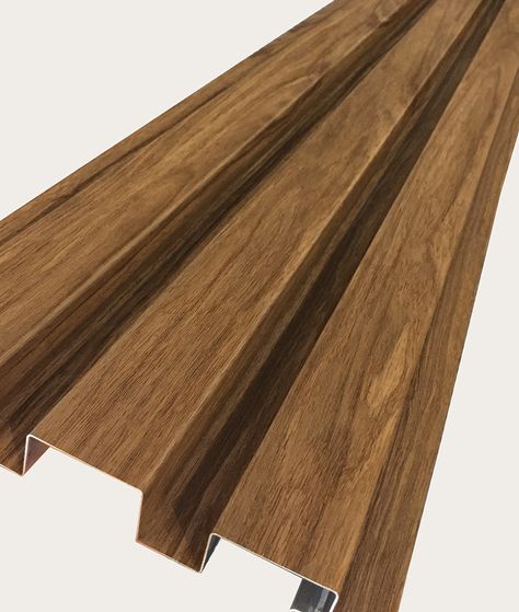 Timber look aluminium cladding Express Batten in Ever Art Board™ Buraun Eboni Wood Cladding Exterior, Aluminum Fabrication, Timber Battens, Cladding Design, Aluminium Cladding, House Cladding, Wood Cladding, Exterior Cladding, False Ceiling Design