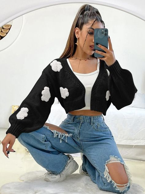 Clouds Pattern Cardigan Without Camisole | SHEIN USA Without Cloth Girl, Cropped Cardigan Outfit Aesthetic, Cropped Cardigan Outfit, Cardigan Outfit Aesthetic, Crochet Cardigan Outfit, Camisole Outfit, Crop Top Outfits Summer, Woman Cardigan, Female Clothes Outfits