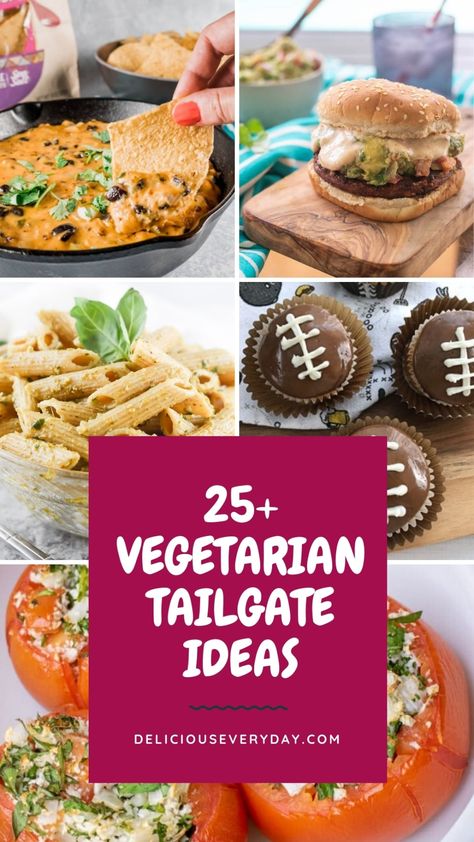 From crab cakes to cupcakes, this list of 25+ vegetarian tailgate ideas will make sure that your football season is full of delicious food! Veggie Tailgate Food, No Cook Tailgate Food Snacks, Pescatarian Tailgate Food, Football Food Vegetarian, Vegan Football Party Food, Vegan Tailgate Food Appetizers, Vegetarian Tailgate Recipes, Healthy Tailgate Food Appetizers, Tailgate Food Vegetarian