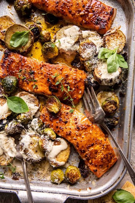 Sheet Pan Honey Mustard Salmon with Caesar Roasted Potatoes: Everything cooks together all at once, making this a delicious fuss-free dinner! Salmon And Roasted Potatoes, Meals With Roasted Potatoes, Half Baked Harvest Salmon, Sheet Pan Honey Mustard Salmon, Salmon Sheet Pan Dinner, Salmon And Potatoes, Sheet Meals, Salmon Dinner Ideas, Sheet Pan Salmon