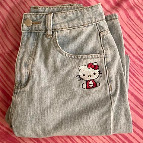 Sanrio Hello Kitty And Friends X Shein Collab Collection Jeans / Pants. New Without Tags. The Pants Are More Loose Fitting On Me Than I Liked Since I’m More Of A Skinny Jeans Person, And I Tried Washing Them To See If They Would Fit Better But It Didn’t. Size S (4). Cute Jeans For Kids, Hello Kitty Volleyball, Starting Embroidery, Hello Kitty Clothing, Hello Kitty Things, Hello Kitty Jeans, Girly Streetwear, Hello Kitty Pants, Sanrio Outfits