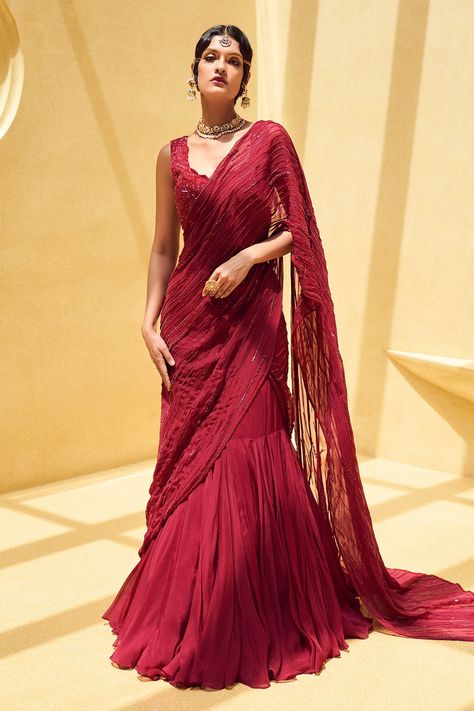 Shop for Charu and Vasundhara Red Regan Draped Lehenga Saree With Blouse for Women Online at Aza Fashions Couture, Blouse Organza Saree, Draped Lehenga, Drape Lehenga, Blouse Organza, Lehenga Saree Design, Lehenga Designs Simple, Fashionable Saree Blouse Designs, Saree Gown