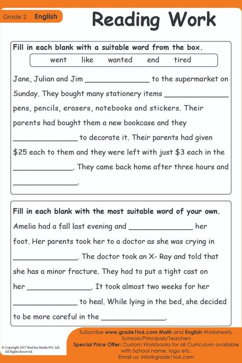 English Worksheets For Grade 1, Worksheets For Second Grade, Read The Passage, Worksheets For Grade 2, Cloze Passages, Creative Writing Worksheets, Worksheets For Grade 1, 2nd Grade Reading Comprehension, Reading Comprehension For Kids