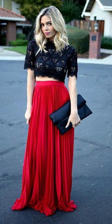 Long Red Skirt Outfit, Red Skirt Outfits, Red Long Skirt, Maxi Skirt Outfit, Red Maxi Skirt, Black Lace Crop Top, Beautiful Long Dresses, Maxi Skirt Outfits, Red Skirt