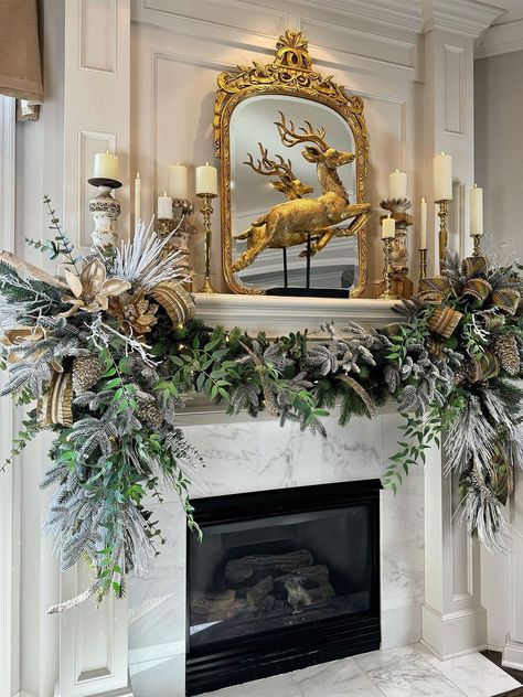 No Garland Christmas Mantle, Layering Pictures On Mantle, Christmas Mantle Without Garland, Lamp On Mantle, Christmas Mantel Decorations Fireplaces, Decorated Mantels, Decorating Mantles, Christmas Staircases, Christmas Fireplace Mantels