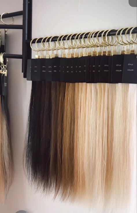 Pictures Of Hair Extensions, Hair Extension Hanger, Hair Extension Organization, Salon Vision Board Ideas, Hair Extension Display Rack, Extension Display Salon, Wig Boutique Ideas, Hair Extension Display Wall, Hair Extension Specialist