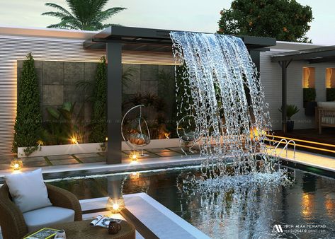 Landscape Design on Behance Dubai Villa Landscape Design, Swimming Pool With Fountain, Nice Pools, Modern Swimming Pool Designs, Villa Landscape Design, Pool Design Modern, Villa Landscape, Luxury Pools Backyard, Water Fountain Design