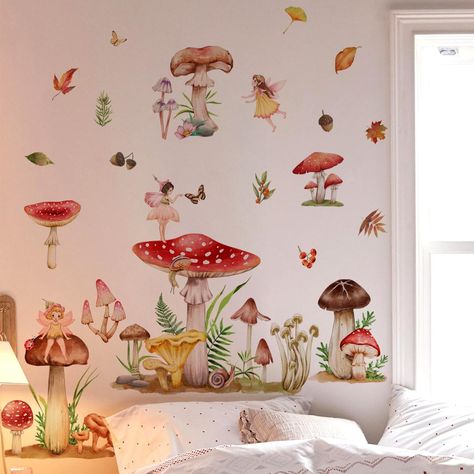 PRICES MAY VARY. Mushroom Wall Decals:Fairy wall stickers can be attached to any clean, dry, non-textured smooth surface: walls, windows, tiles, furniture, mirrors, refrigerators, etc.Please clean the surface before use. Size:You will receive 2 sheets, sheet size: 30cm x 90cm(11.81" x 35.43"), recommend finished size: 140cm(W) × 75cm(H) (42" ×31"),or you can design it yourself. High Quality: Our nursery wall stickers are made of high-quality vinyl, detachable, waterproof, non fading, safe and re Fairy Nursery Theme, Forest Room Decor, Fairy Wall Art, Fairy Nursery, Adhesive Wall Art, Diy Wall Decals, Creative Wall Art, Wall Decor Decals, Nursery Wall Stickers