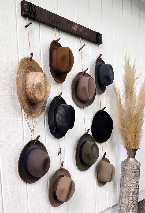 Hat Organizer Hat Wall Hanging Fedora Display Hat Rack - Etsy New Zealand Wall Hat Racks, Hat Organizer, Wall Hats, Hanging Hats, Upholstery Tacks, Hat Organization, Hat Hanger, Hat Display, Boutique Decor