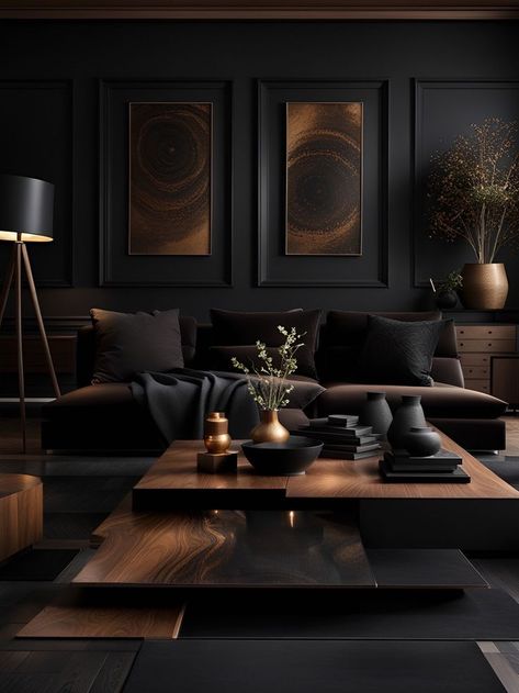 http://cozyspiritstudio.etsy.com Dark Living Room Decor, Dark Living Room Ideas, Dark Interior Design, Moody Living Room, Dark Living Rooms, Brown Rooms, Dark Home Decor, Black Living Room, Living Room Decor Inspiration