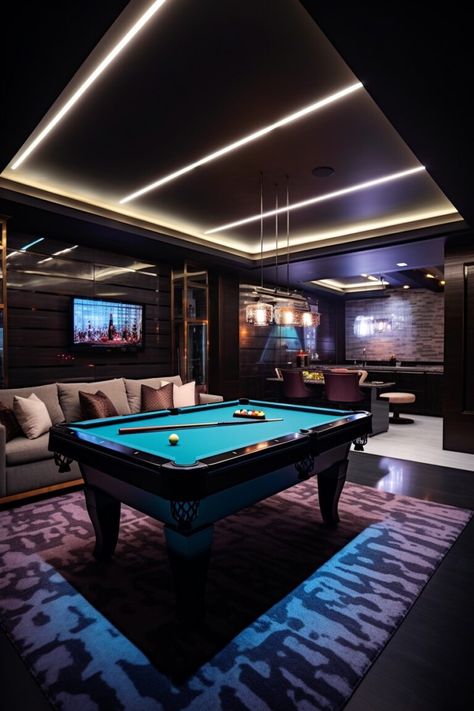 Modern Billiard Room, Luxury Billiard Room, Billiards Room Decor, Boys Dorm Room, Different House Styles, Pool Table Room, Man Cave Design, Dream Basement, Basement Living Rooms