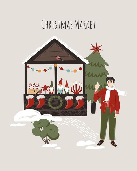 Concept of Christmas market stall with happy man. Winter illustration for poster, card, print, design. Christmas Market Art, Christmas Poster Illustration, Christmas Market Poster, Winter Illustration Design, Flea Market Illustration, Christmas Market Illustration, Stall Illustration, Christmas Cards Illustration, Christmas Market Aesthetic