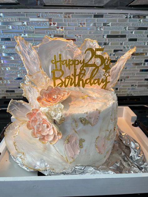 Rose gold, gold leaf, rice paper sails, buttercream frosting. Paper Sail Cake, Sail Cake, Rice Paper Sails, 25th Birthday Cake, 25th Birthday Cakes, Shower Desserts, Baby Shower Desserts, Cake Designs Birthday, 25th Birthday