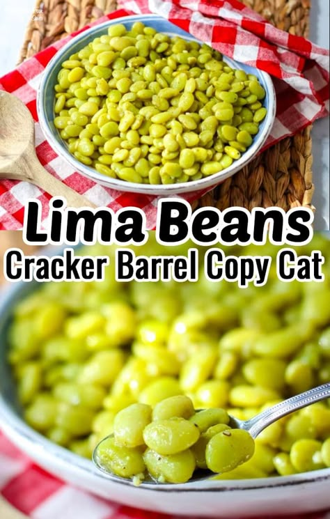 These Southern Lima Beans (aka Butter Beans) are a Cracker Barrel Copycat recipe seasoned with liquid smoke, garlic, Cajun seasoning and more. #recipes #dinner Cracker Barrel Lima Bean Recipe, Seasoned Lima Beans, How To Season Lima Beans, Ford Hook Lima Beans Recipe, Fordhook-lima-beans Recipes, Buttered Lima Beans, Frozen Lima Beans In Crockpot, Slow Cooker Lima Beans, Cracker Barrel Lima Beans