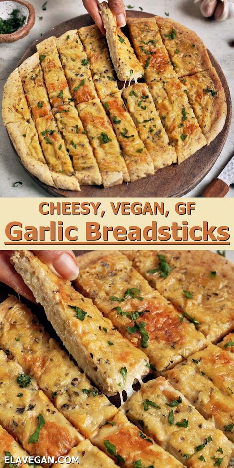 These vegan cheese breadsticks from pizza dough are cheesy, garlicky, and super moreish. They’re made with just 7 ingredients, including your choice of pizza crust (gluten-free, dairy-free, vegan, yeast-free, etc.), for a crowd-pleasing appetizer, snack, or side! Breadsticks From Pizza Dough, Vegan Breadsticks, Cheese Breadsticks, Cheesy Garlic Breadsticks, Ella Vegan, Vegan Pizza Dough, Dairy Free Pizza, Garlic Breadsticks, Vegan Bread