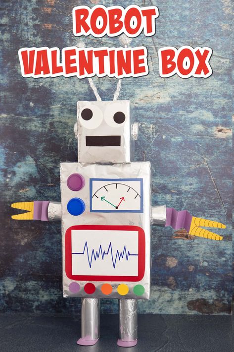 This Robot Valentine Box is such a great way for little ones to collect those classroom valentines. All you need are a few simple supplies, many of which you probably have already, and you've got an out-of-this-world valentine craft that everyone will love! Robot Valentine Box Ideas, Diy Valentine Mailbox Ideas, Robot Pinata, Mailbox Ideas Diy, Diy Valentine's Mailbox, Valentines Box Ideas, Diy Valentine's Box, Valentine Activity, Valentines Robots