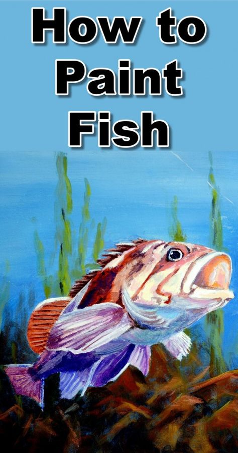 how-to-fish-in-acrylic Underwater Painting Tutorial, Fish Paintings Acrylic, Painting Fish Acrylic, How To Paint Fish, Bass Fish Painting, Huge Canvas Painting Ideas, Painting Ideas Fish, Fish Painting Acrylic, Fish Art Painting