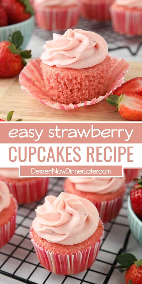 This strawberry cupcakes recipe creates pink cupcakes just like the box. They are fluffy, moist, and made from scratch with strawberry jam for a nice fruit flavor. Easy Strawberry Cupcakes, Strawberry Cupcakes Recipe, Strawberry Cupcake Recipes, Homemade Cupcake Recipes, Cupcake Recipes From Scratch, Delicious Cupcakes Recipes, Easy Cupcake Recipes, Homemade Breads, Easy Cupcakes