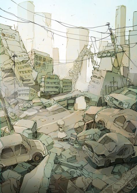 Demizu Posuka, Tomer Hanuka, Post Apocalyptic Art, Ruined City, Art Of Animation, City Drawing, Landscape Concept, Perspective Art, Landscape Background