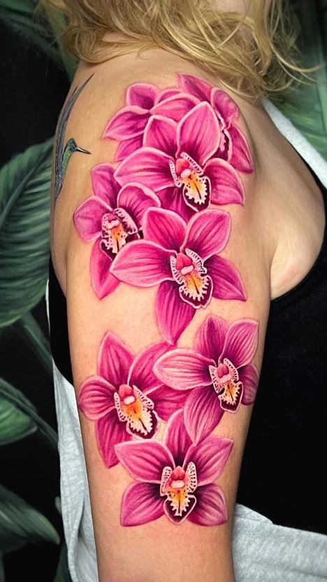 Orchid Flower Tattoos For Women, Pink Flower Tattoos For Women, Pink Orchid Tattoo, Tropical Floral Tattoo, Tattoos Orchid, Exotic Flower Tattoos, Watercolor Orchid Tattoo, Bright Flower Tattoos, Pink Flower Tattoo